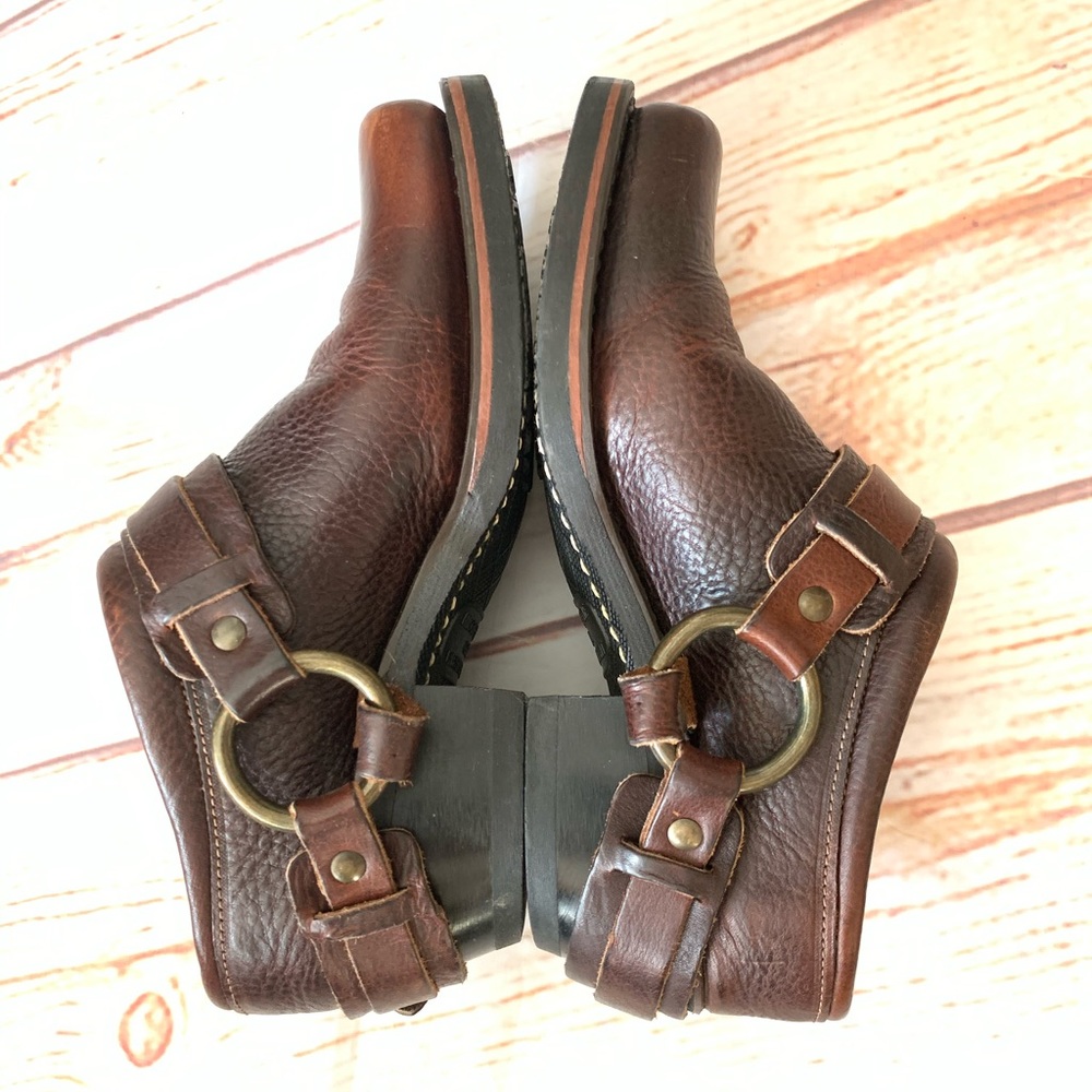 Frye Brown Leather Ankle Booties with Brass Ring Accent